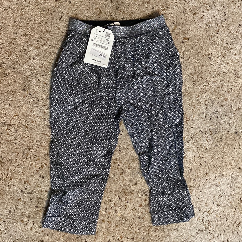 Zara Girls 3-4 Light Weight Navy Print Pants Brand New With Tags